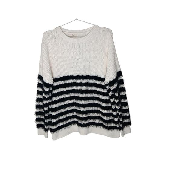 Easel Oversized Sweater Ivory Black Stripe Eyelash Knit Pullover Cozy L/XL - Picture 3 of 13